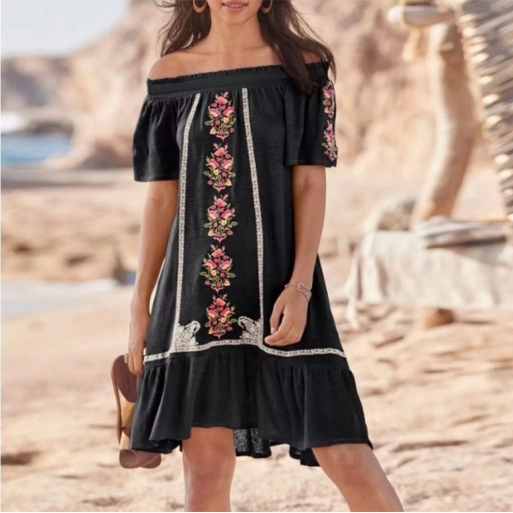 Sundance | Women’s Floral Path Linen Off Shoulder Embroidered Floral Dress Onyx